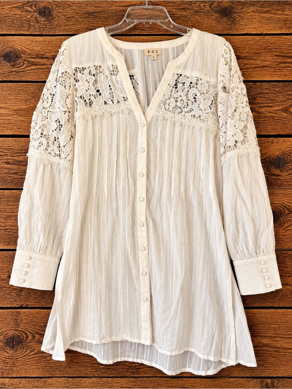 POL Ivory Lace Yoke Button-Front Tunic